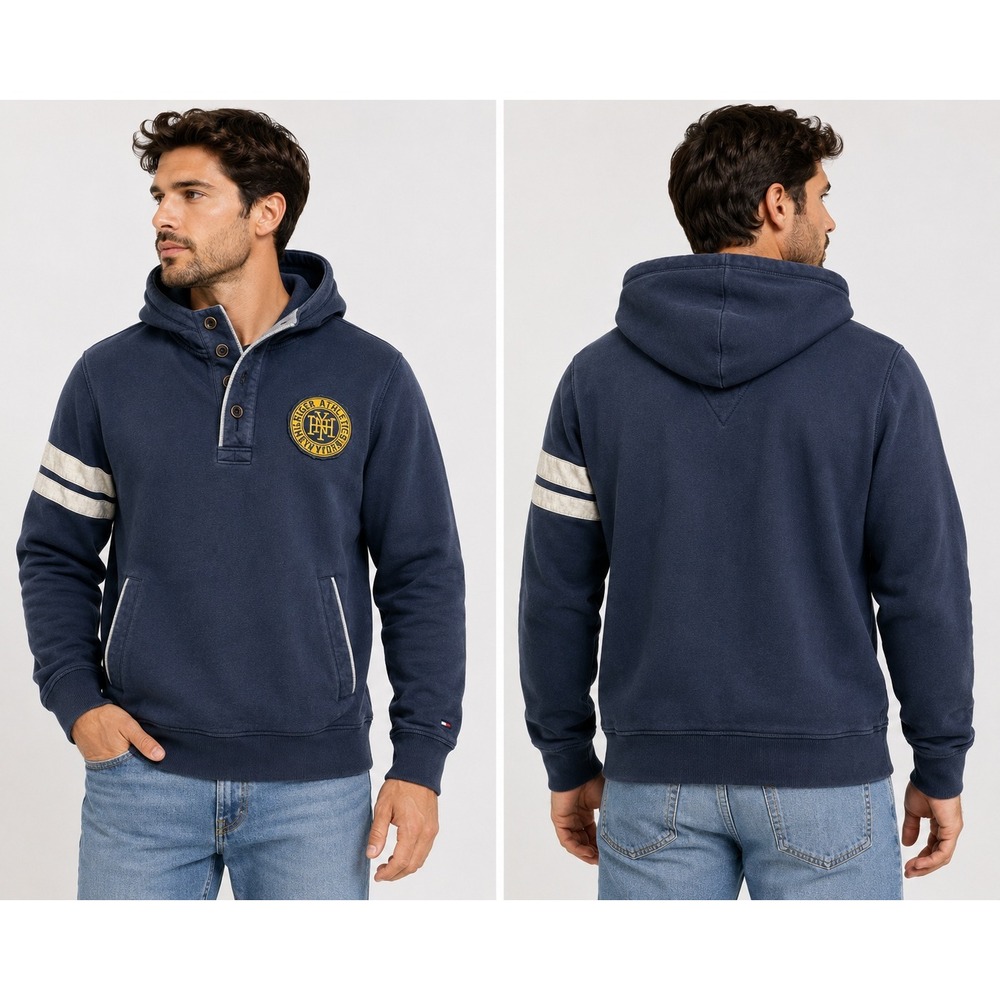 Tommy Hilfiger Athletics Navy Blue Henley Hoodie Crest Patch Mens XL